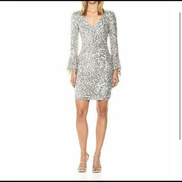 Parker Rachael Dress Silver Sequin Bell Sleeve - Picture 2 of 3